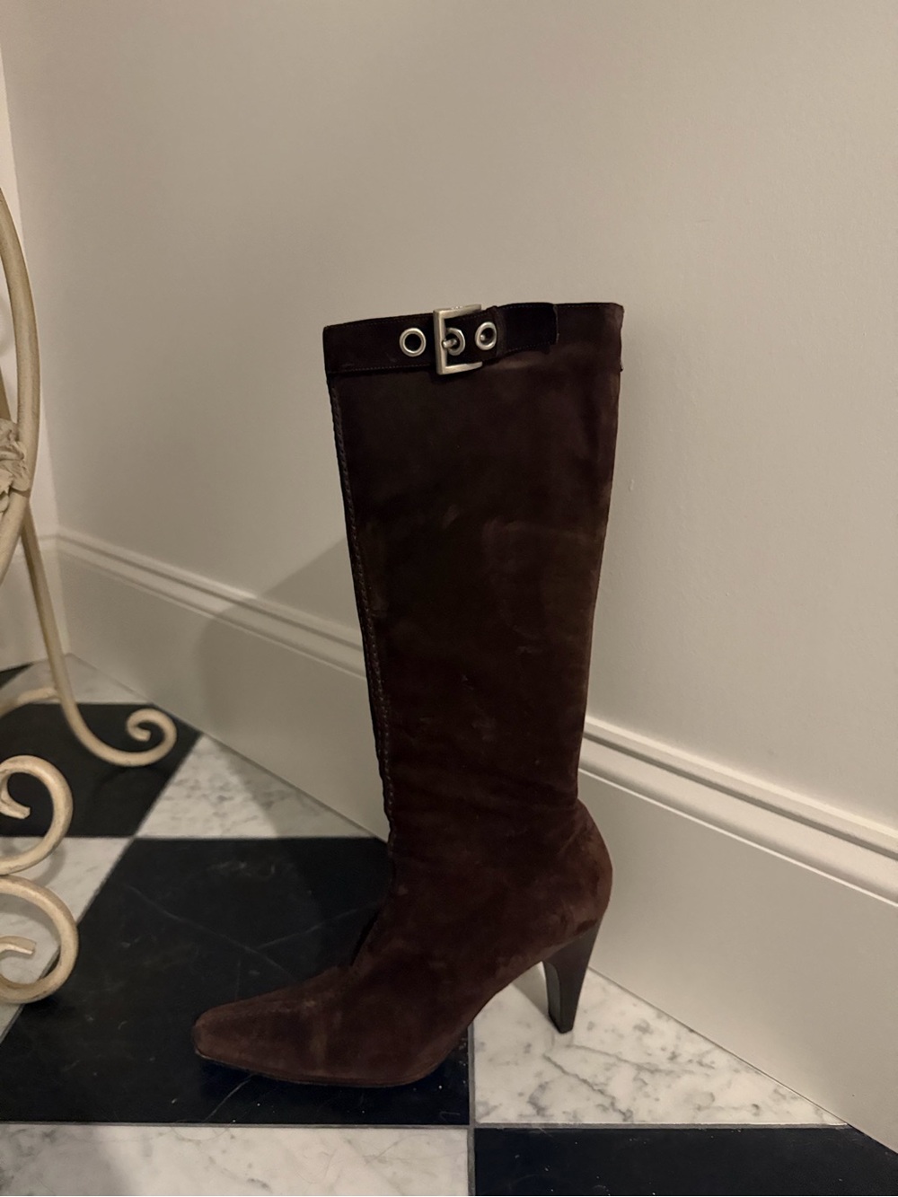 Prada Dark Brown Suede Knee-High Heeled Boot